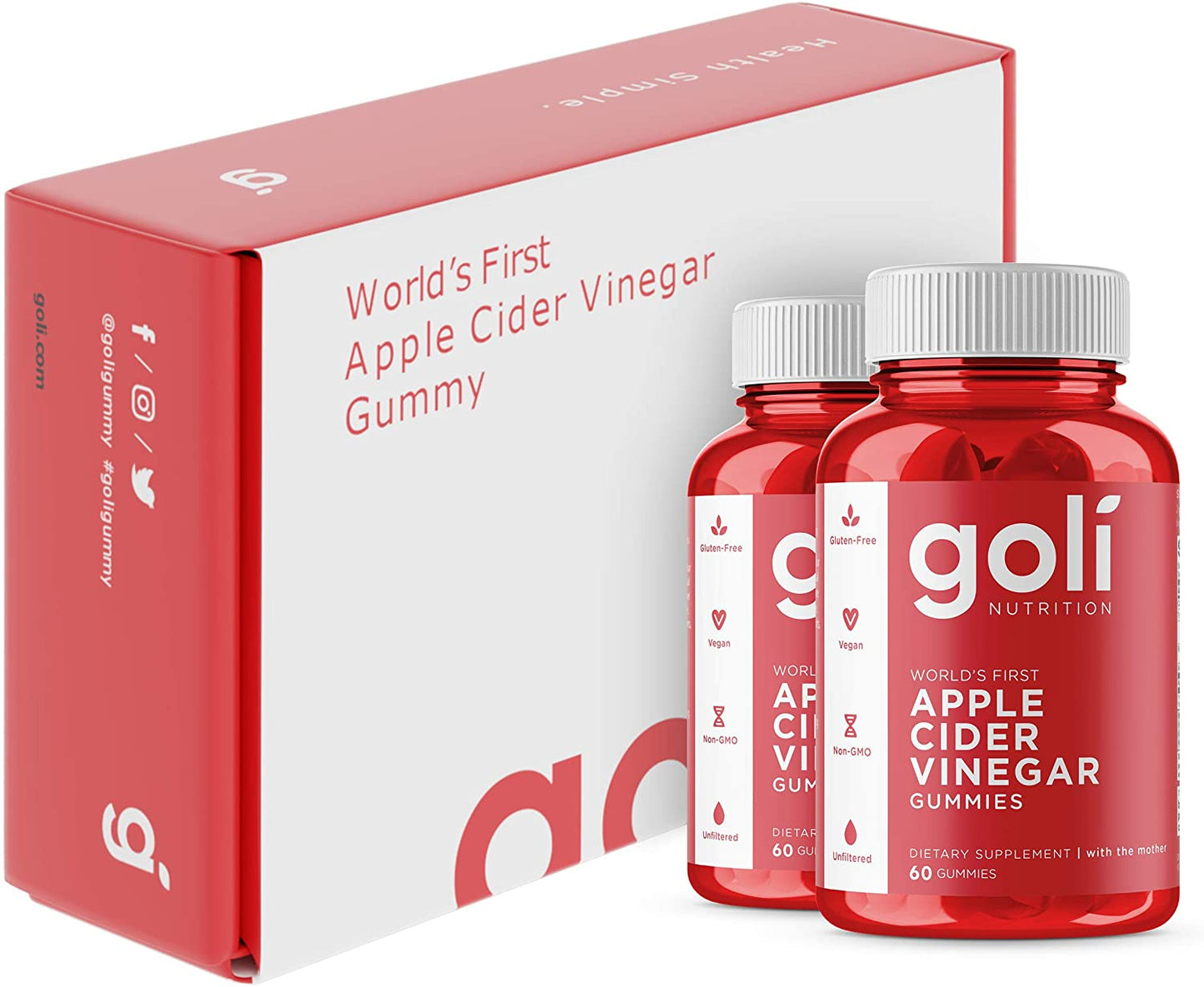 Goli Nutrition | Apple Cider Vinegar Gummies | Immunity and Detox | 60pcs each, 2 packs